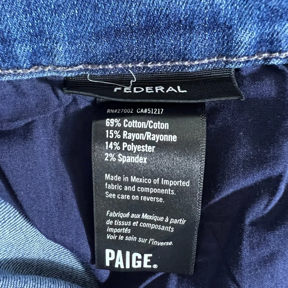 Paige Federal Slim Straight Solid Jeans Blue Stretch Premium Denim Size 34